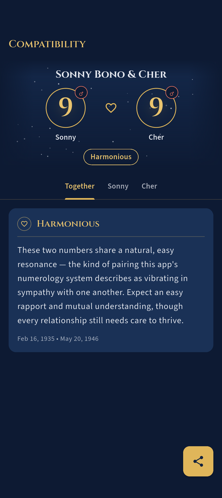 Compatibility reading for Sonny Bono and Cher, both number 9, marked Harmonious