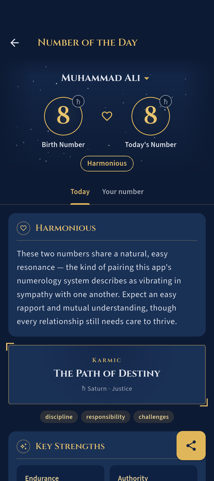 Number of the Day screen showing a birth number of 8 and today's number 8, marked Harmonious
